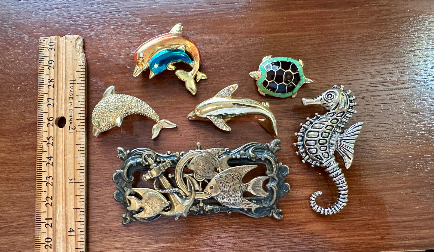 Vintage to Now Ocean Theme Brooch Pin Lot Dolphins Whale Turtle Seahorse Enamel