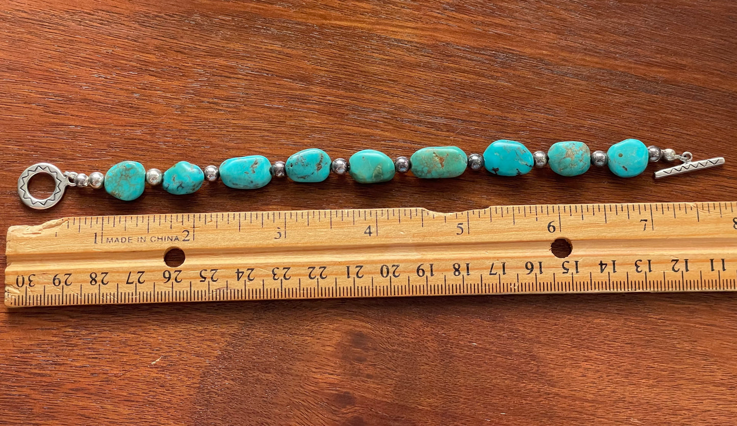 Vintage Turquoise Nugget Beads & Sterling Silver Southwest Bracelet