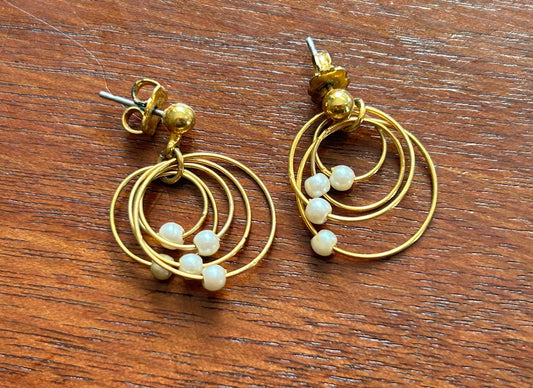 Vintage Gold Tone Faux Pearl Concentric Circle Drop Dangly Earrings