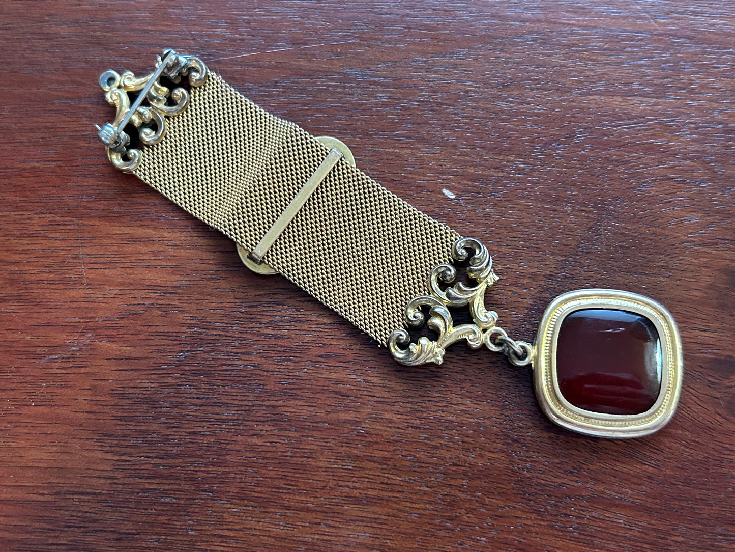 Antique Gold Tone Cameo Carnelian Watch Fob Mesh Brooch