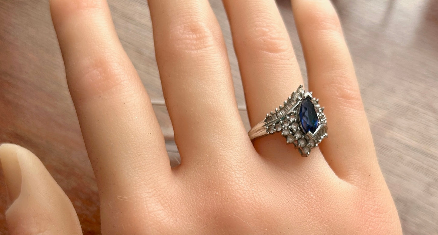 Sterling Silver 925 Blue Marquise Cubic Zirconia Cocktail Ring Sz 7