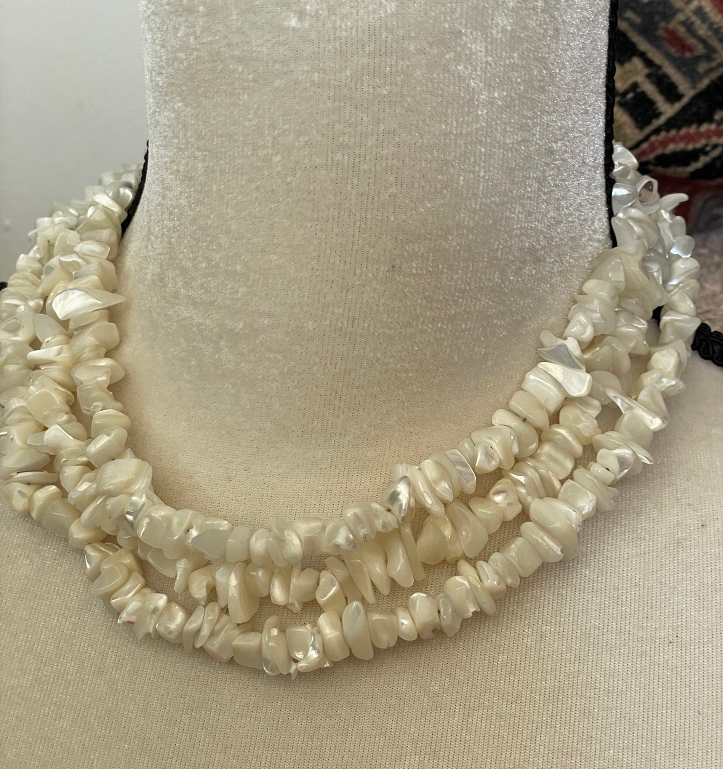 Silver Tone MOP Mother of Pearl Three Stand Necklace Adjustable