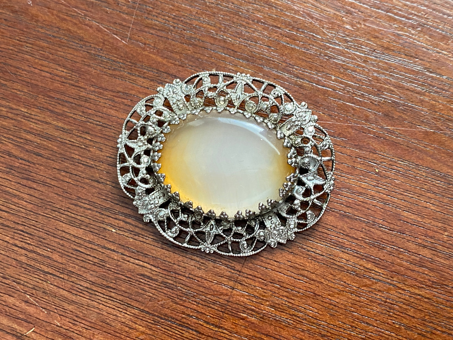 Vintage Silvertone Givre Glass Moonstone Cabochon Brooch