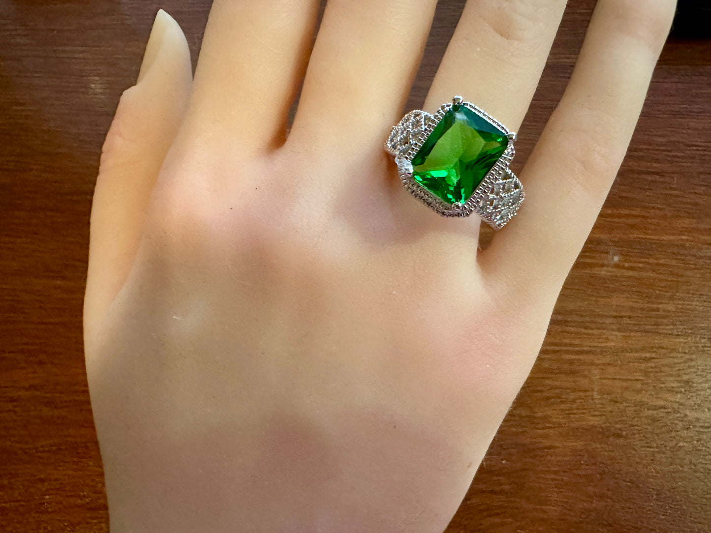 Silver Tone Emerald Cut Green Cubic Zirconia Ring Sz 11