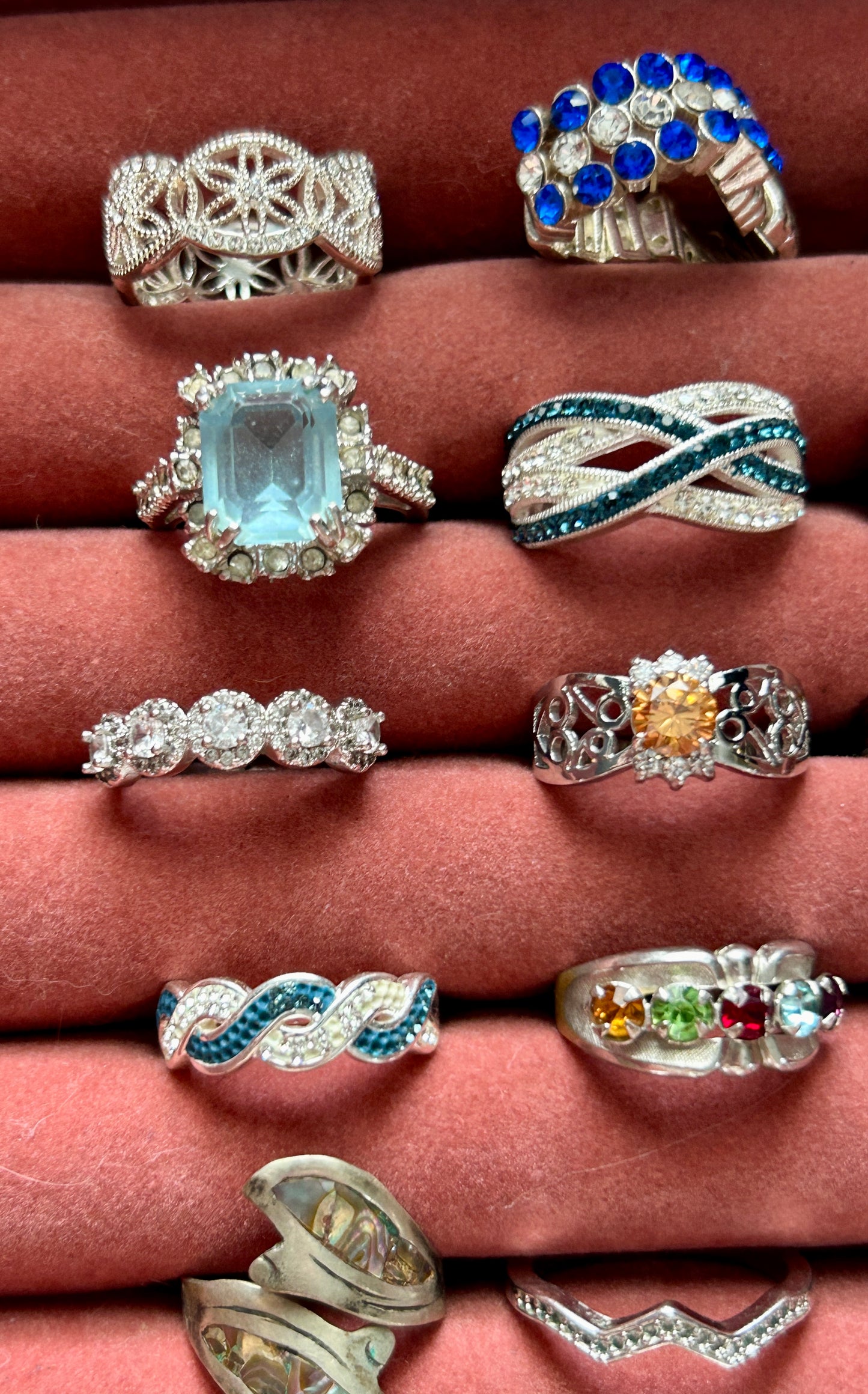 Lot of 23 Costume Rings Vintage to Now Gold Plate Rhinestones Bands Faux Stones