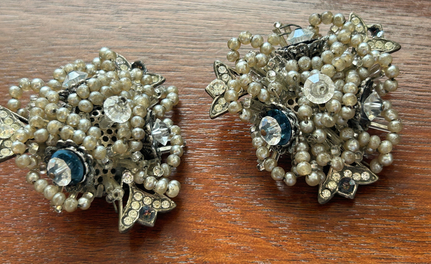 Vintage Rhinestone Beaded Silver Grey Over Sized Clip On Earrings