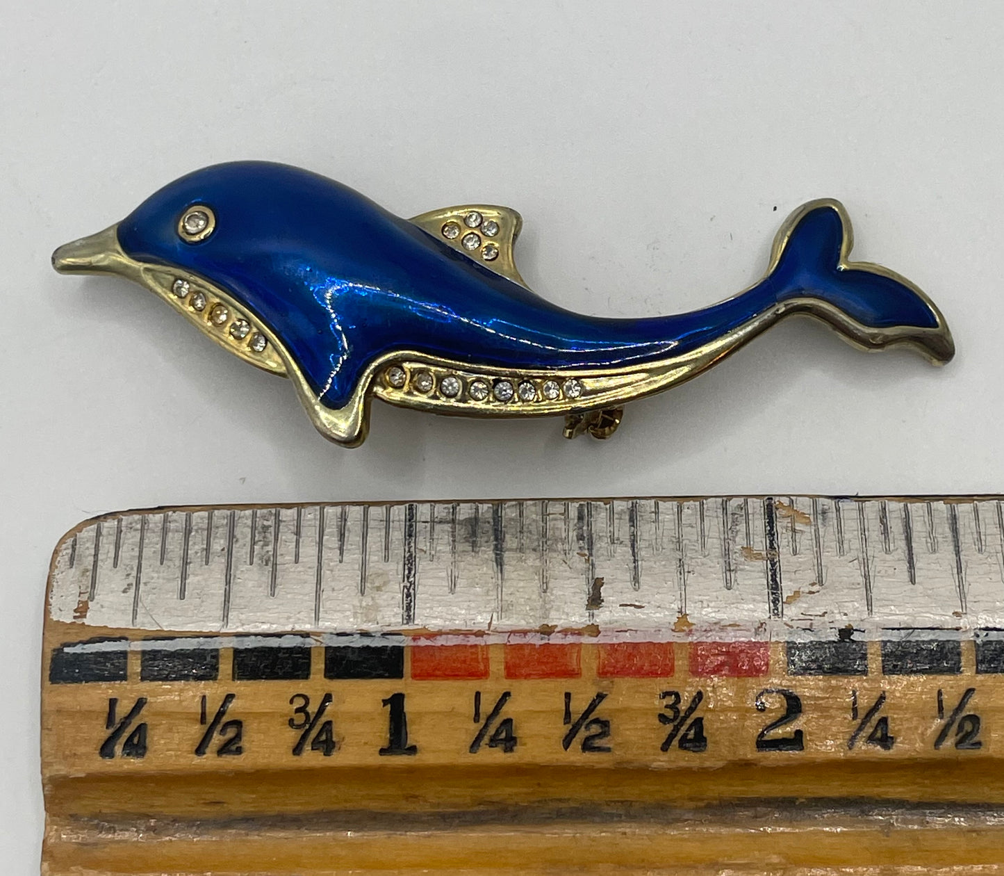 Vintage Gold Tone Rhinestone & Blue Enamel Dolphin Pin Brooch