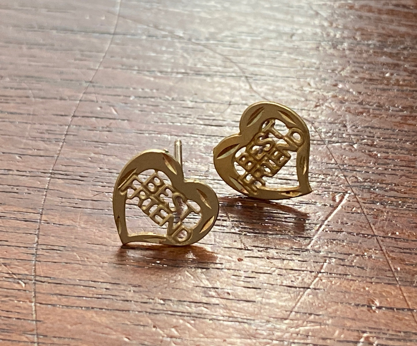 14k Yellow Gold BEST FRIEND Heart Stud Pierced Earrings Post