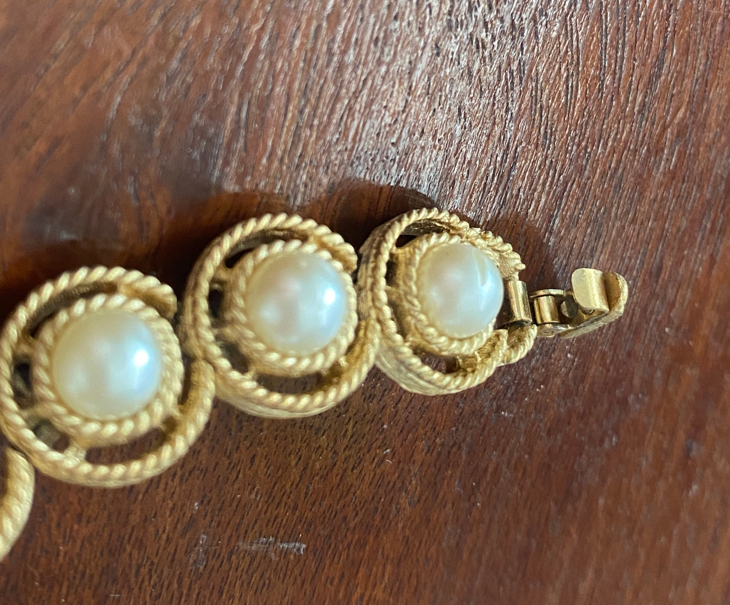 Vintage Trifari Gold Tone Textured Faux Pearl Bracelet