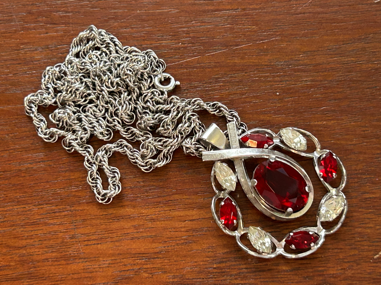 Vintage Van Dell Sterling Silver 925 Pear Marquise Red Rhinestone Pendant Necklace