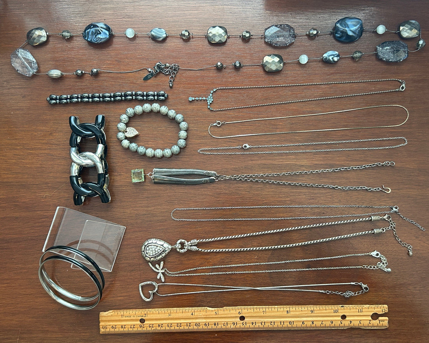 14 Pieces Vintage to Now Jewelry Lot Black Silver Heart Beads Bracelets Necklace