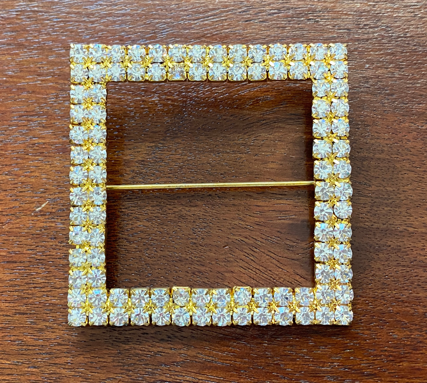 Large Gold Tone Open Square Rhinestone Brooch Pin Buckle