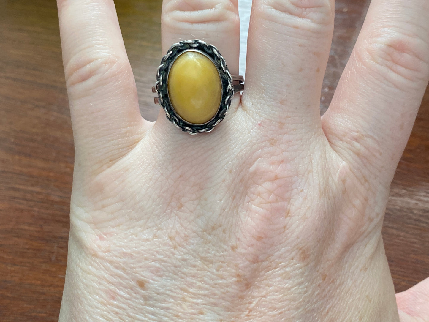 Vintage Sterling Silver JGG Butterscotch Egg Yolk Amber Ring Adjustable