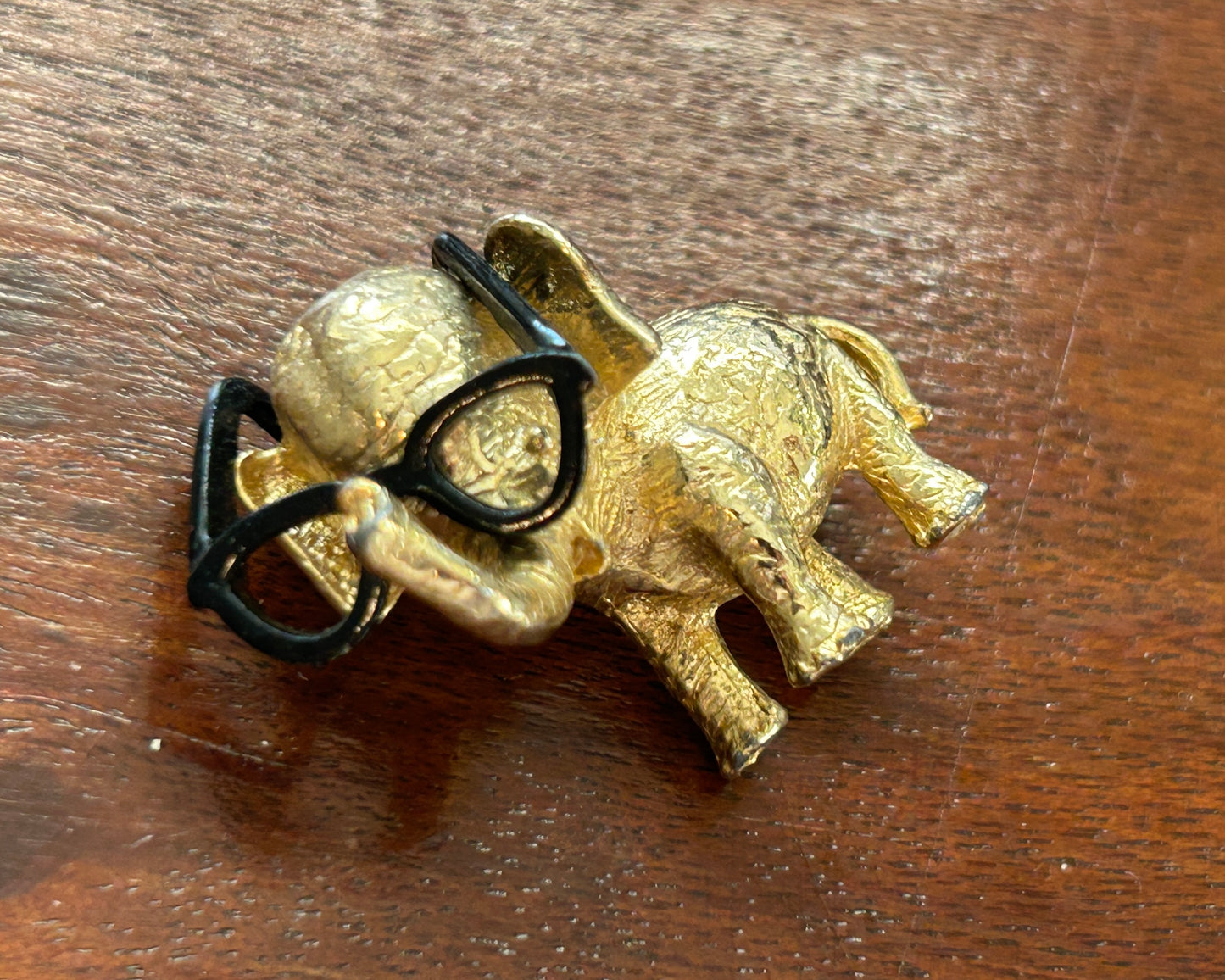 Vintage Elephant in Glasses Spectacles Gold Tone Black Brooch Pin