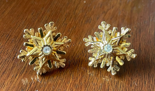 Vintage Avon Gold Tone Rhinestone Snowflake Pierced Stud Earrings