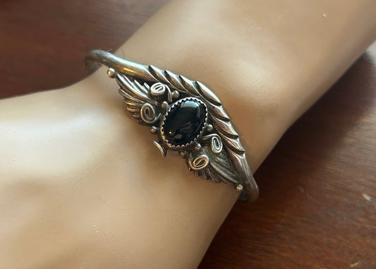 Vintage Sterling Silver 925 Onyx Cabochon Old Pawn Style Cuff Bracelet