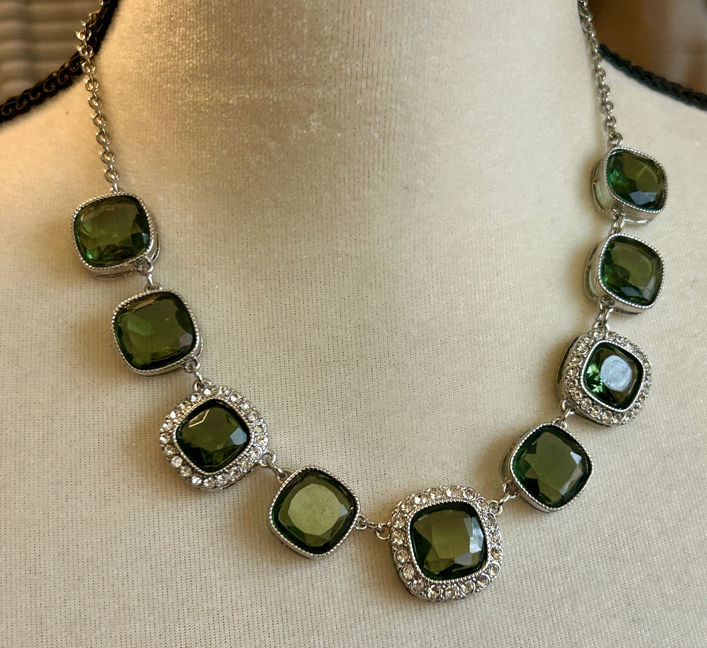 Silver Tone Trifari Large Green Faceted Crystal Necklace