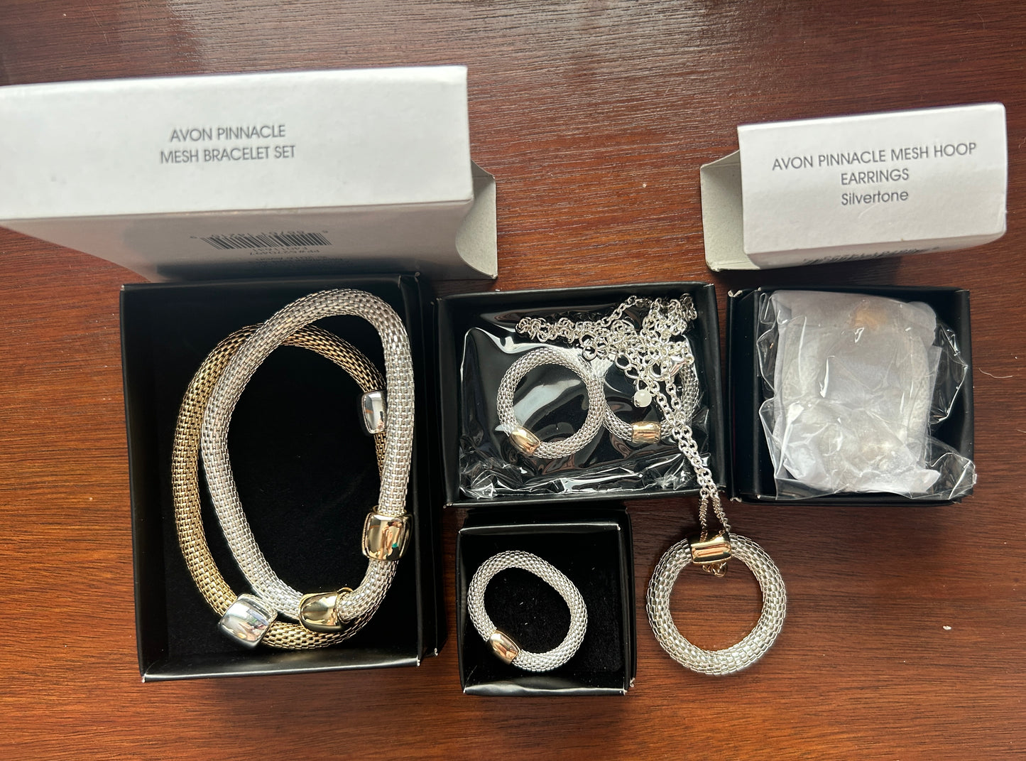 Avon Pinnacle Mesh Silver Gold Tone Jewerly Set Bracelets Earrings Necklace