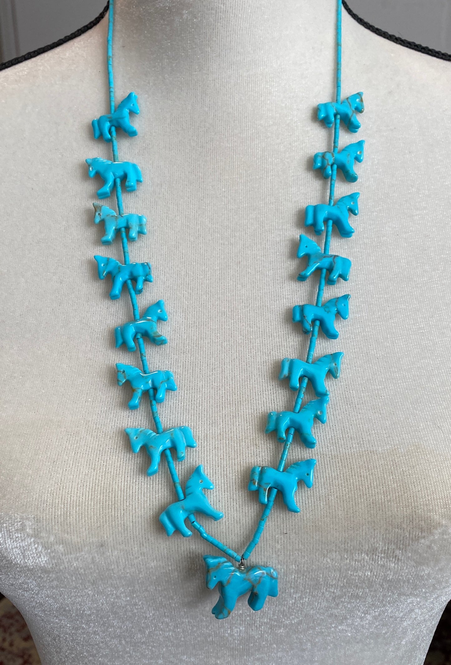 All Turquoise Beads Carved Horse Fetish Necklace