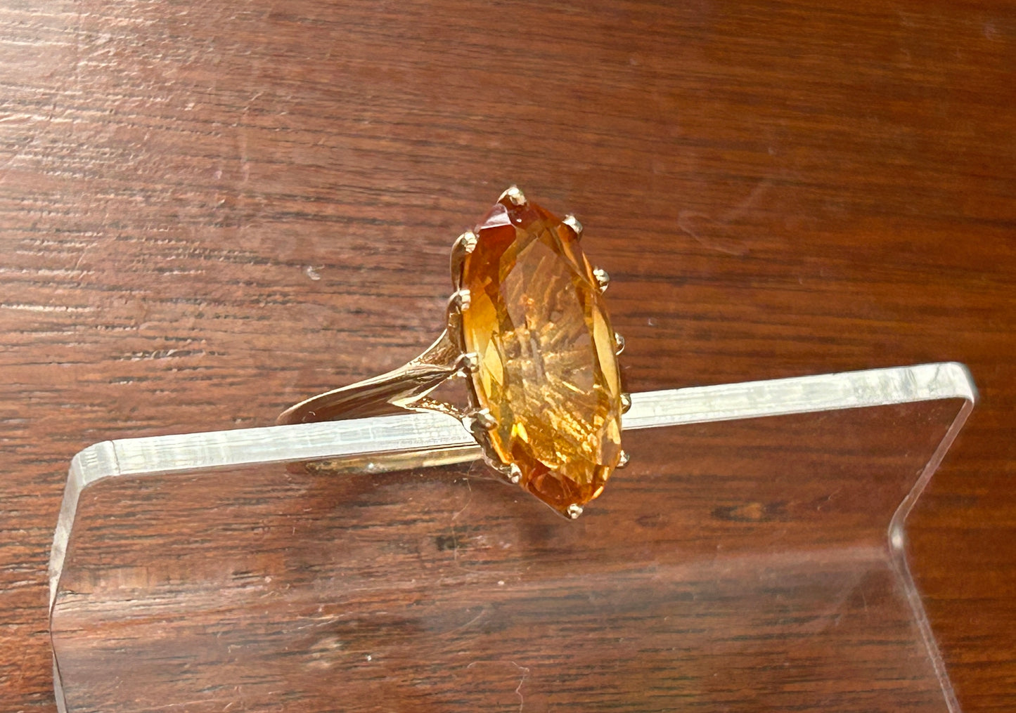 14k Yellow Gold Large Bi-Color Orange Stone Oval Ring Sz 7