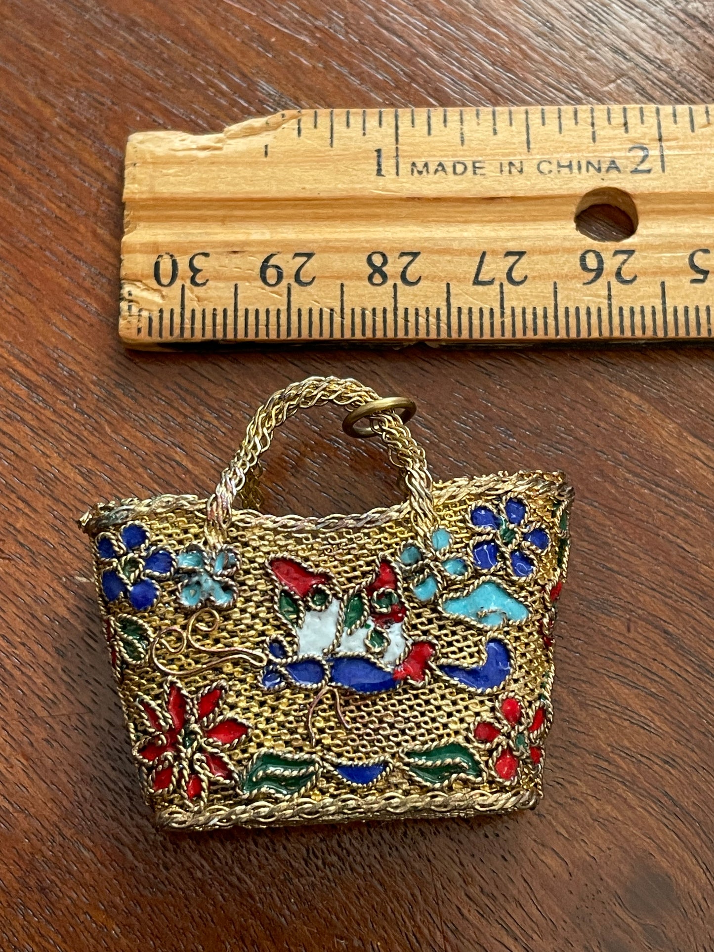 Vintage Gold Tone Mesh Cloisonne Enamel Basket Purse Pendant