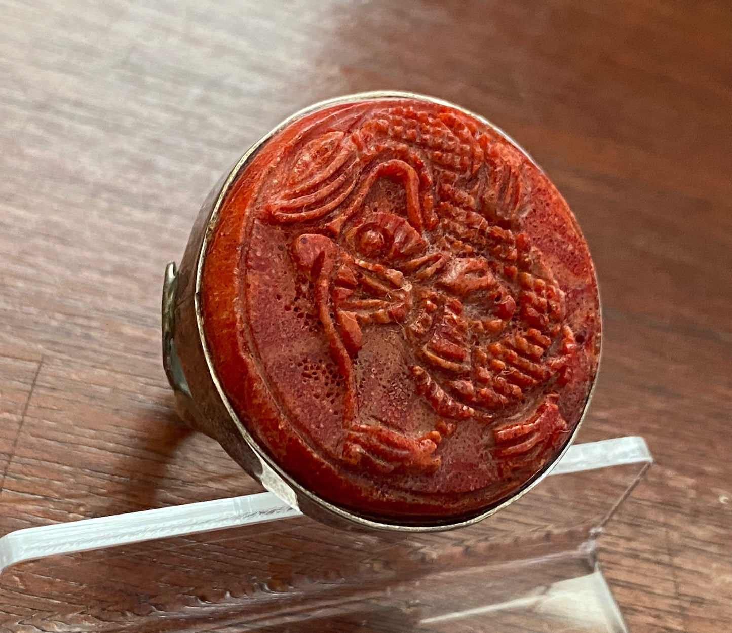 Sterling Silver 925 LARGE Carved Dragon Cinnabar Ring Sz 8.75