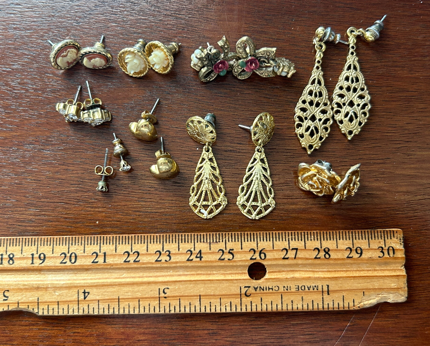 Vintage Victorian Style Pierced Earring Lot Carved Flowers Cameo Rose