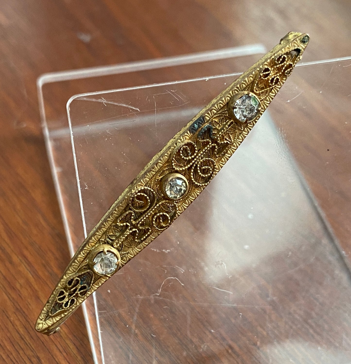 Vintage Czechoslovakia Gold Tone Rhinestone Bar Brooch Pin