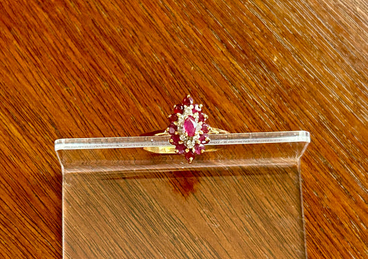 10k Yellow Gold Marquise Round Ruby Diamond Cluster Cocktail Ring Sz 6.5