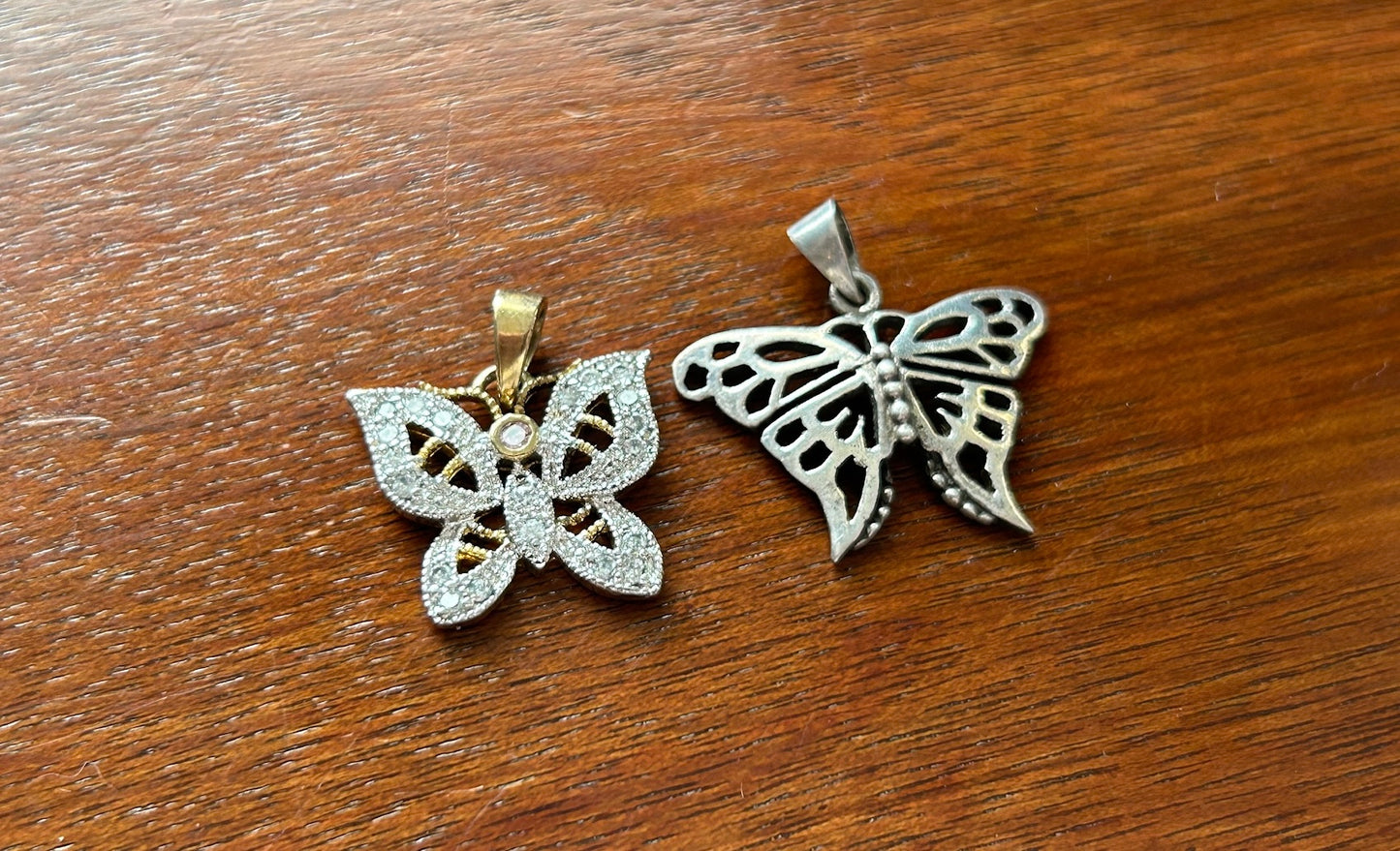 Set of 2 Sterling Silver 925 Gold Vermail Rhinestone BUTTERFLY Pendants