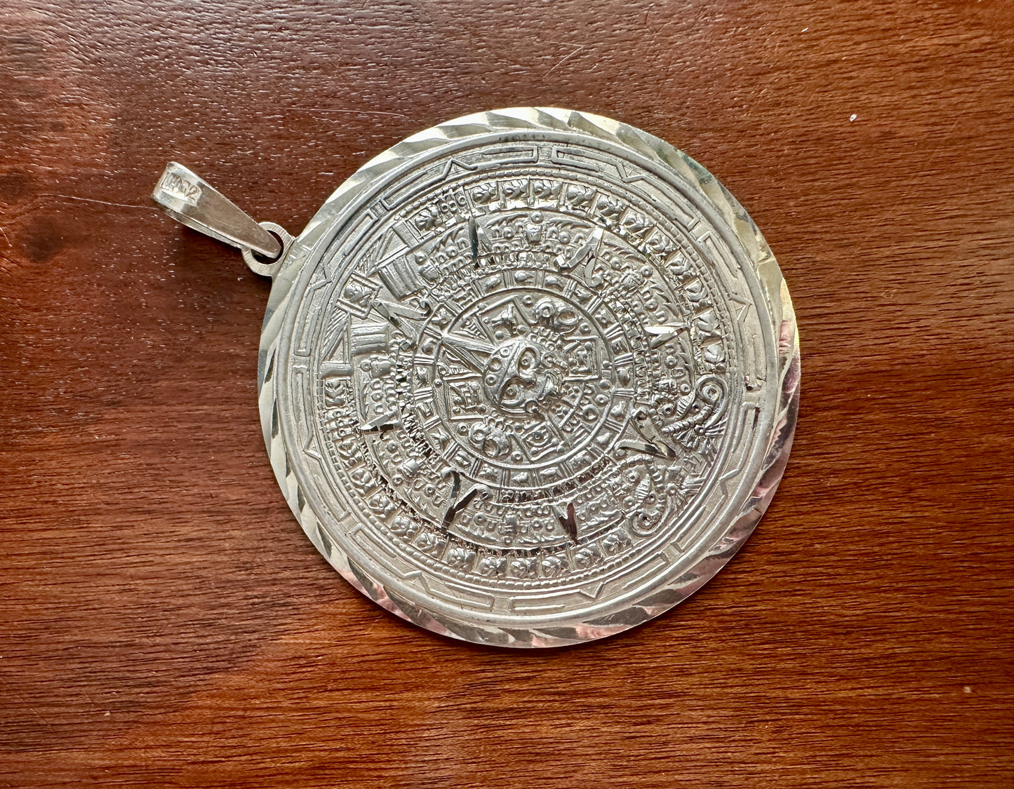 Large Reversible Vintage Sterling Silver 925 Mayan Calendar Pendant Necklace