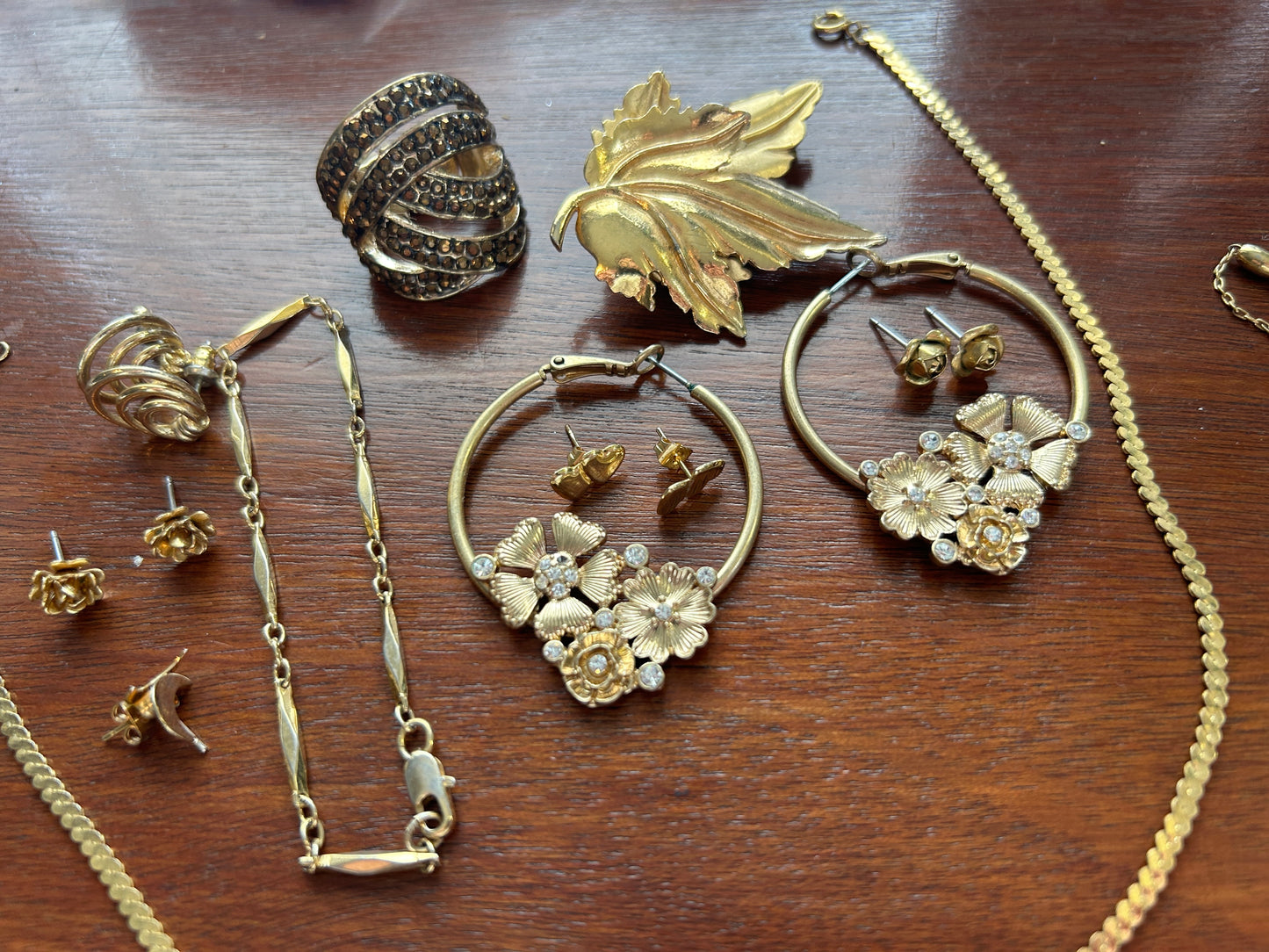 Jewelry Lot Vintage to Now Gold Tone Chains Earrings Brooch Rhinestone Ring