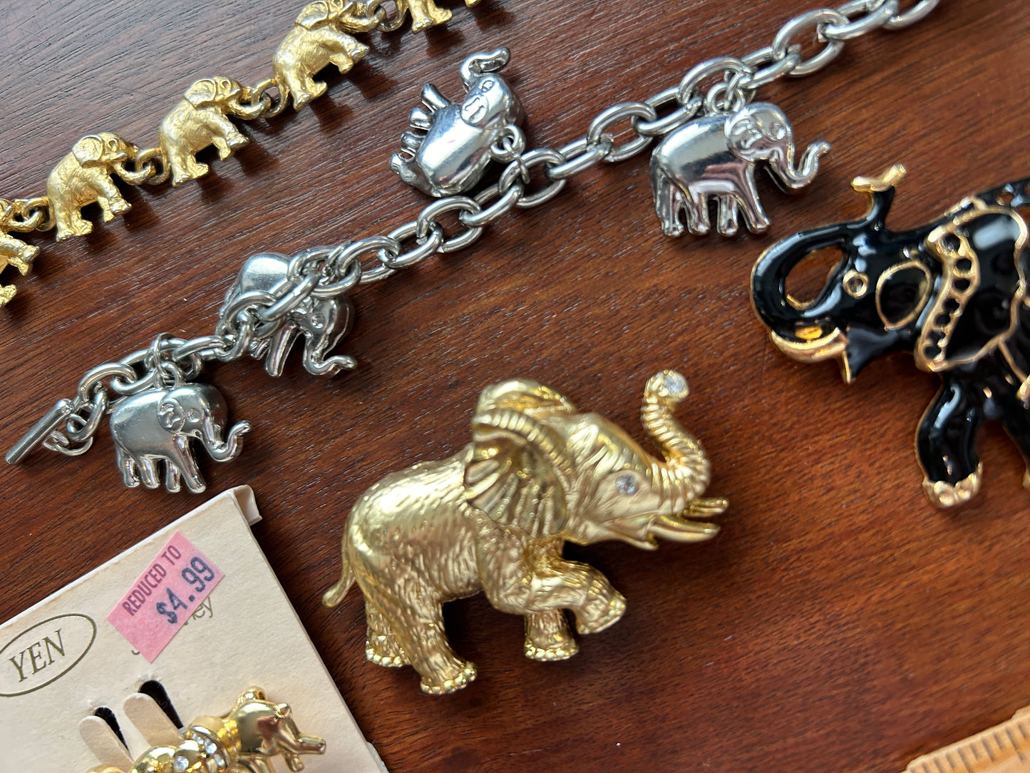 Vintage Elephant Animal Brooch Pin Bracelet  Lot Enamel Gold Tone Rhinestones