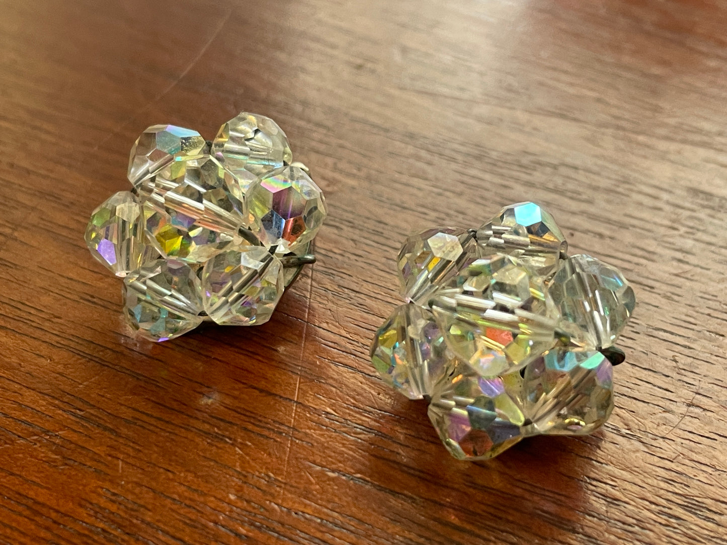 Vintage Small Aurora Borealis Cluster Clip On Earrings