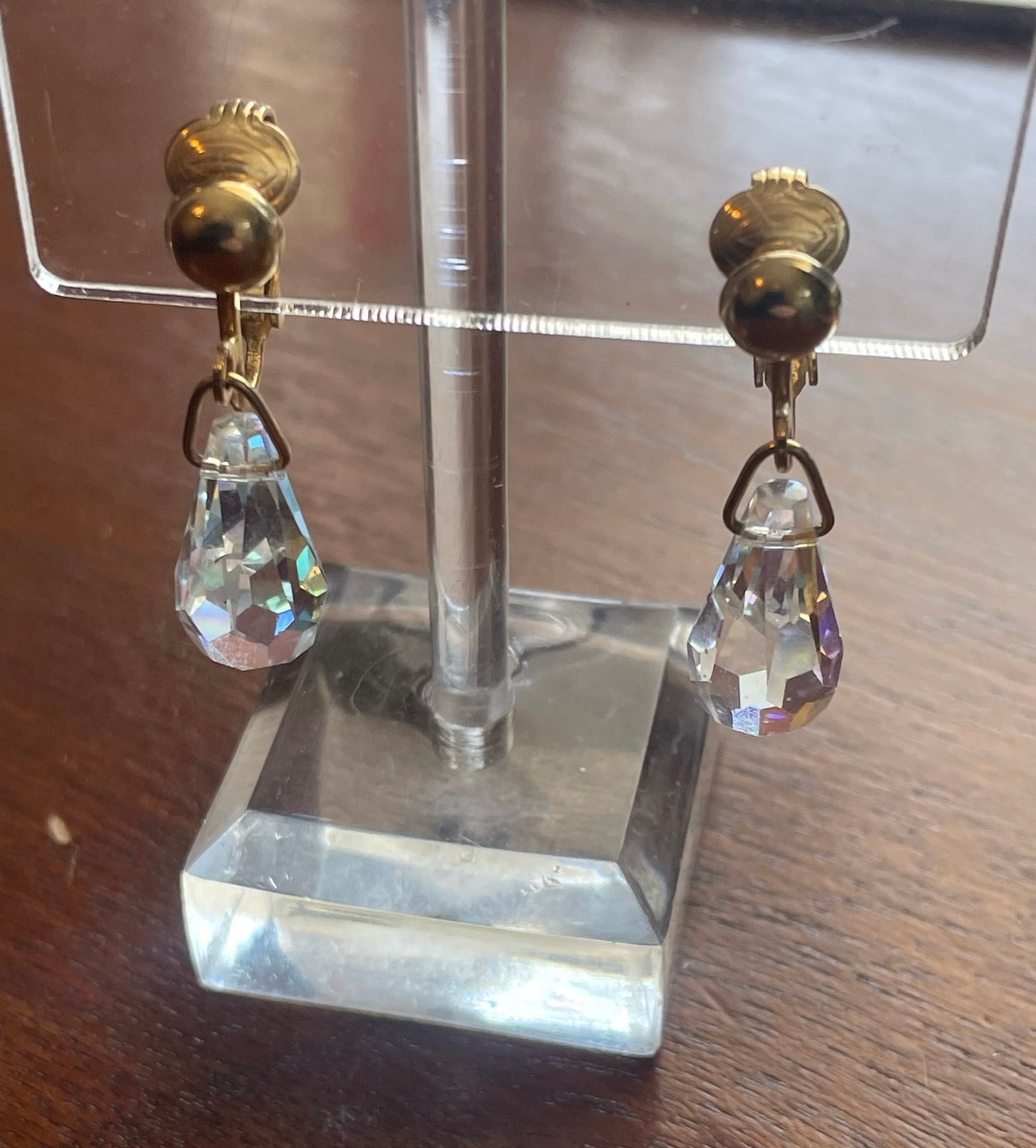 Sarah Coventry Gold Tone Drop Dangly AB Aurora Borealis Clip on Earrings