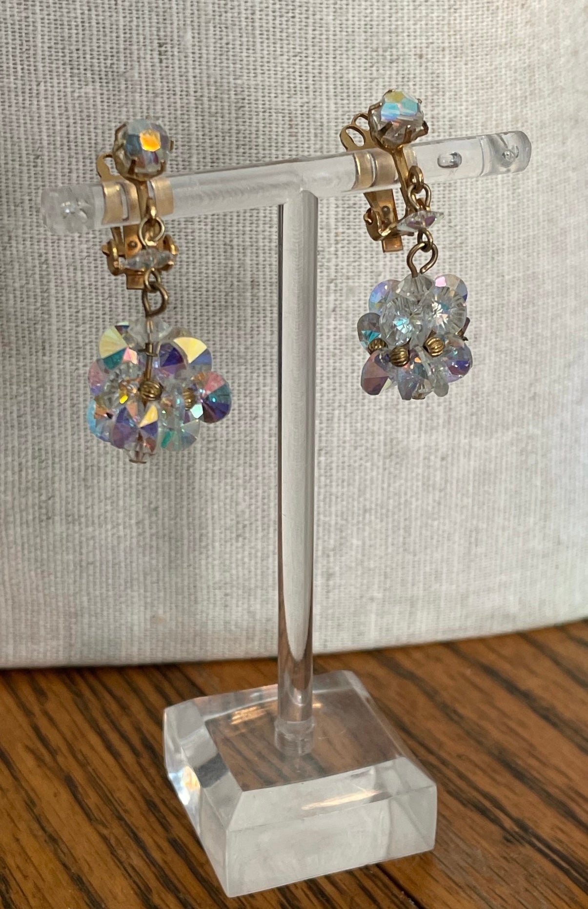 Vintage Gold Tone AB Aurora Borealis Faceted Beaded Dangly Clip on Earrings