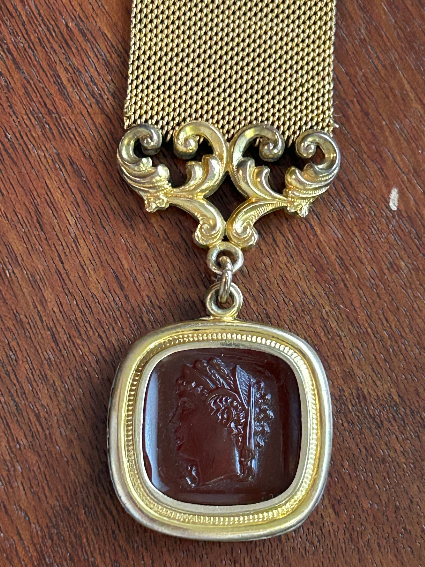 Antique Gold Tone Cameo Carnelian Watch Fob Mesh Brooch