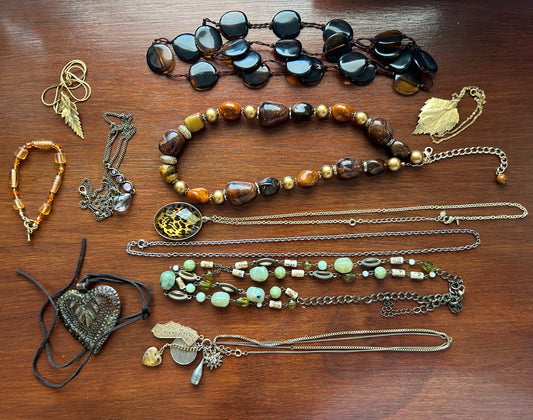 Vintage to Now Earth Tone Jewelry Lot Beads Pendants Leaf Gold Leaf Heart & More