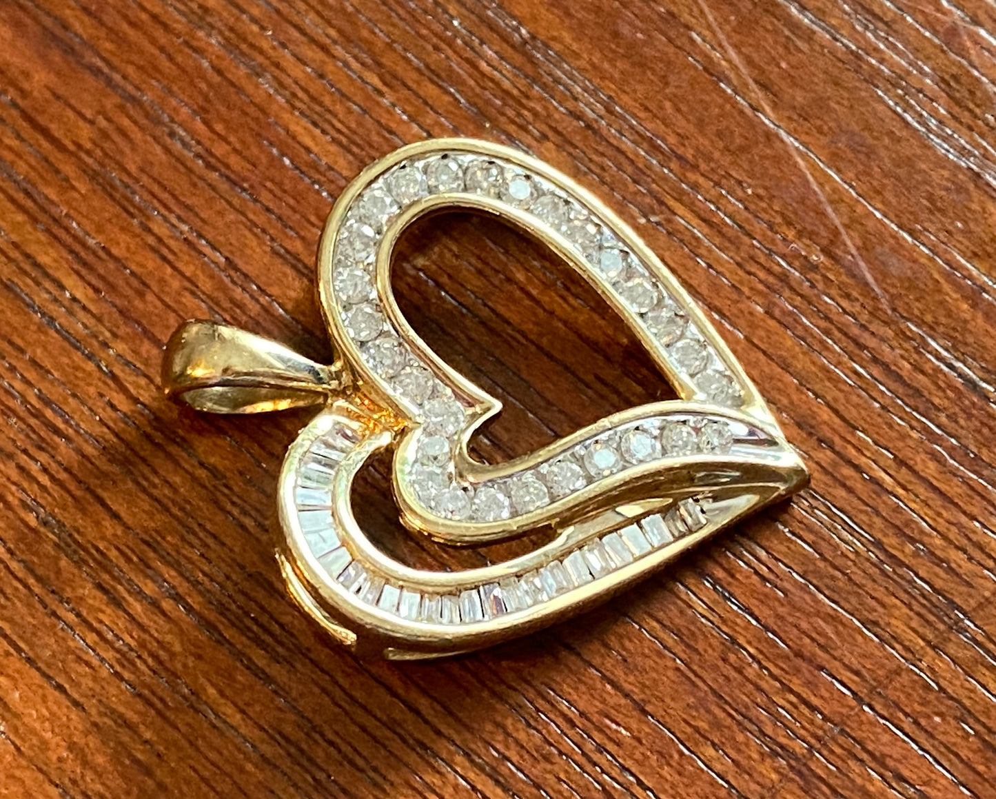 10k Yellow Gold Baguette Round .50ctw Diamond Heart Pendant Signed SUN