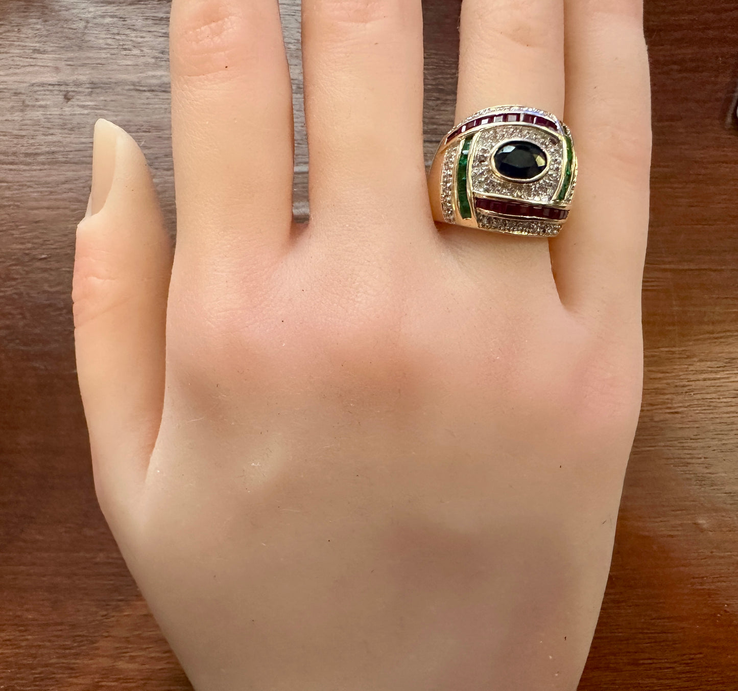 Vintage 14k Yellow Gold Sapphire Ruby Emerald Diamond Signet Ring Sz 5.25