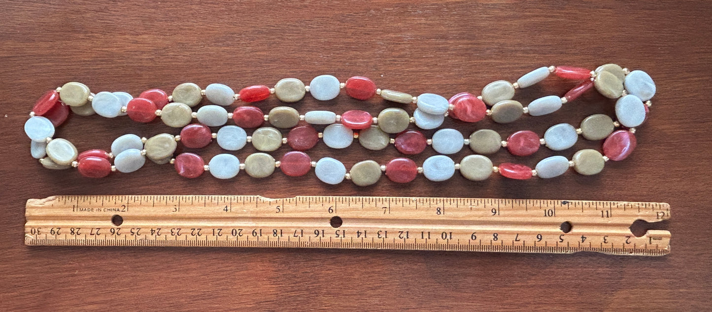 Vintage Red White Greenish Tan Flat Oval Beaded Long Opera Length Necklace