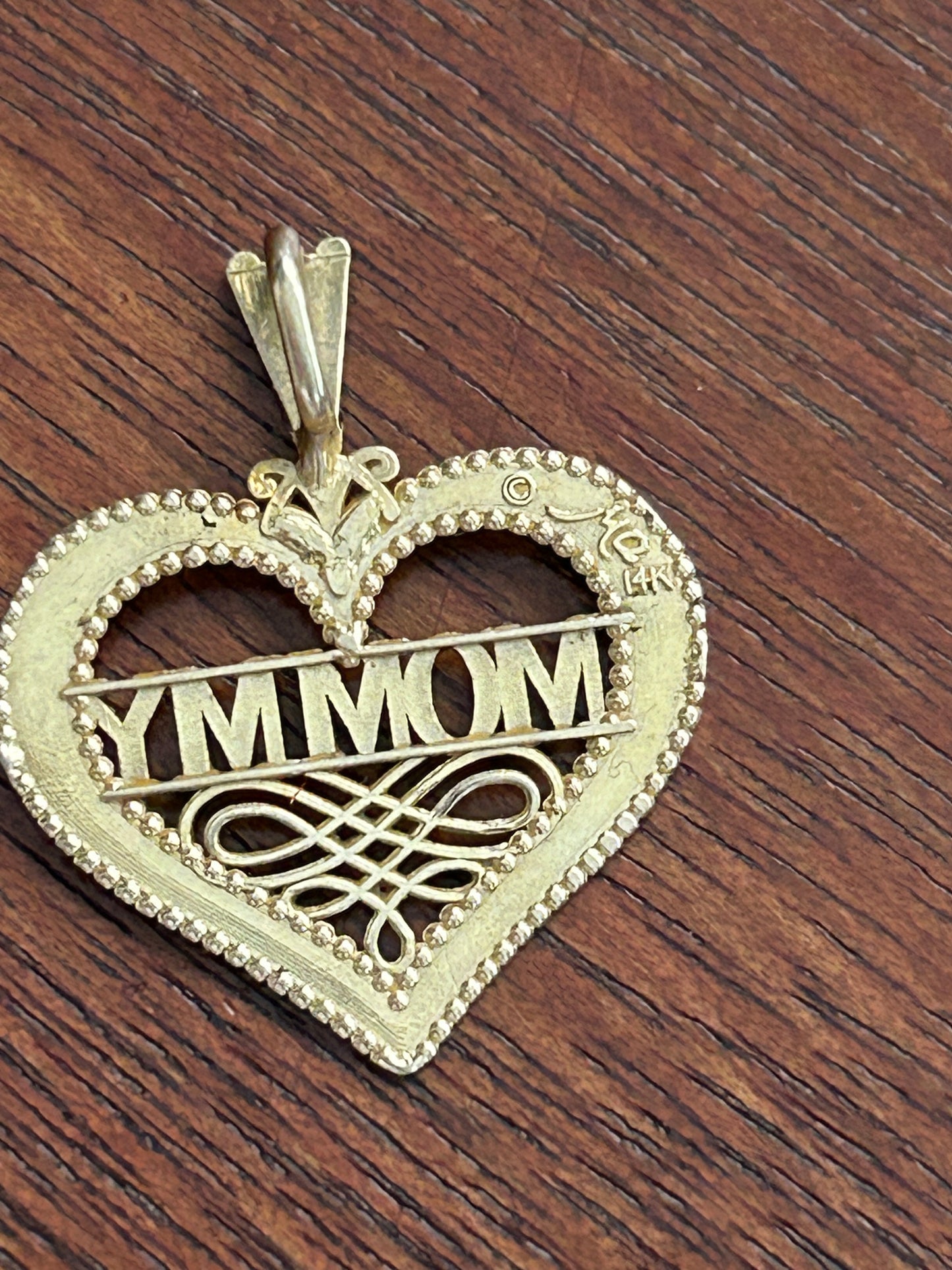 14k Yellow Gold Heart Shaped Filigree Mommy Mom Necklace Pendant Michael Anthony