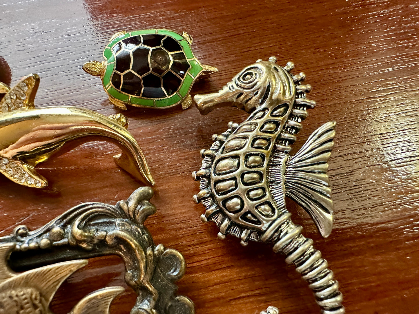 Vintage to Now Ocean Theme Brooch Pin Lot Dolphins Whale Turtle Seahorse Enamel