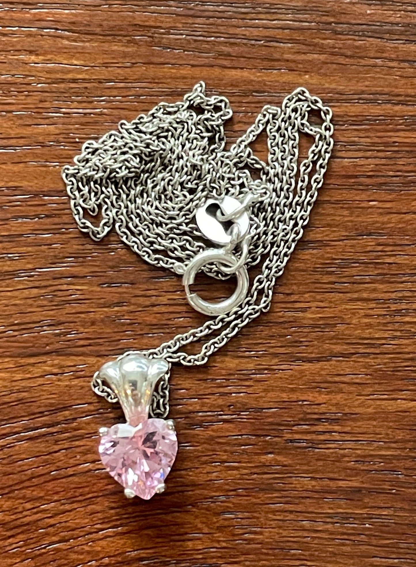 Vintage Sterling Silver 925 Chain Necklace Small Pink Glass Stone Heart Signed LCM