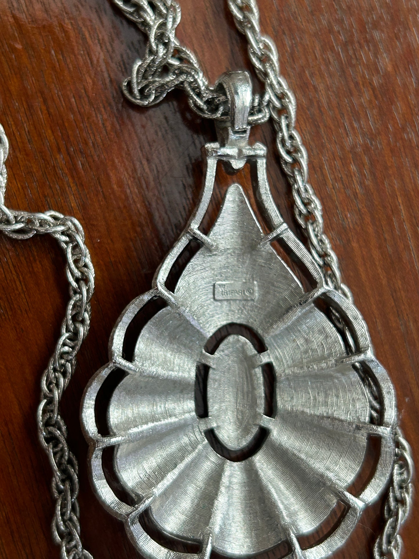 Vintage Crown Trifari Signed Silver Tone Double Strand Chain Pendant Necklace