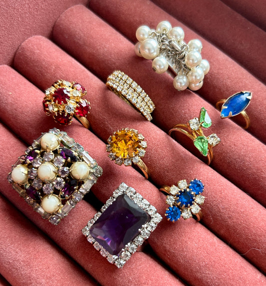 Vintage Rhinestone Cocktail Ring Costume Lot Faux Pearl