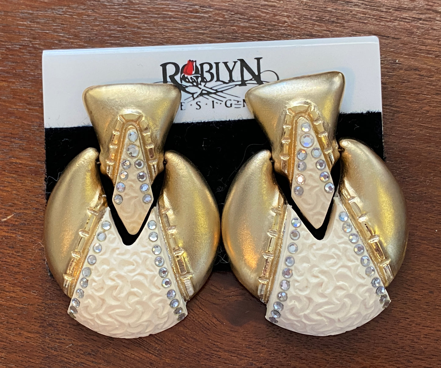 Vintage Roblyn Gold Ivory Tony Rhinestone Door Knocker Pierced Earrings