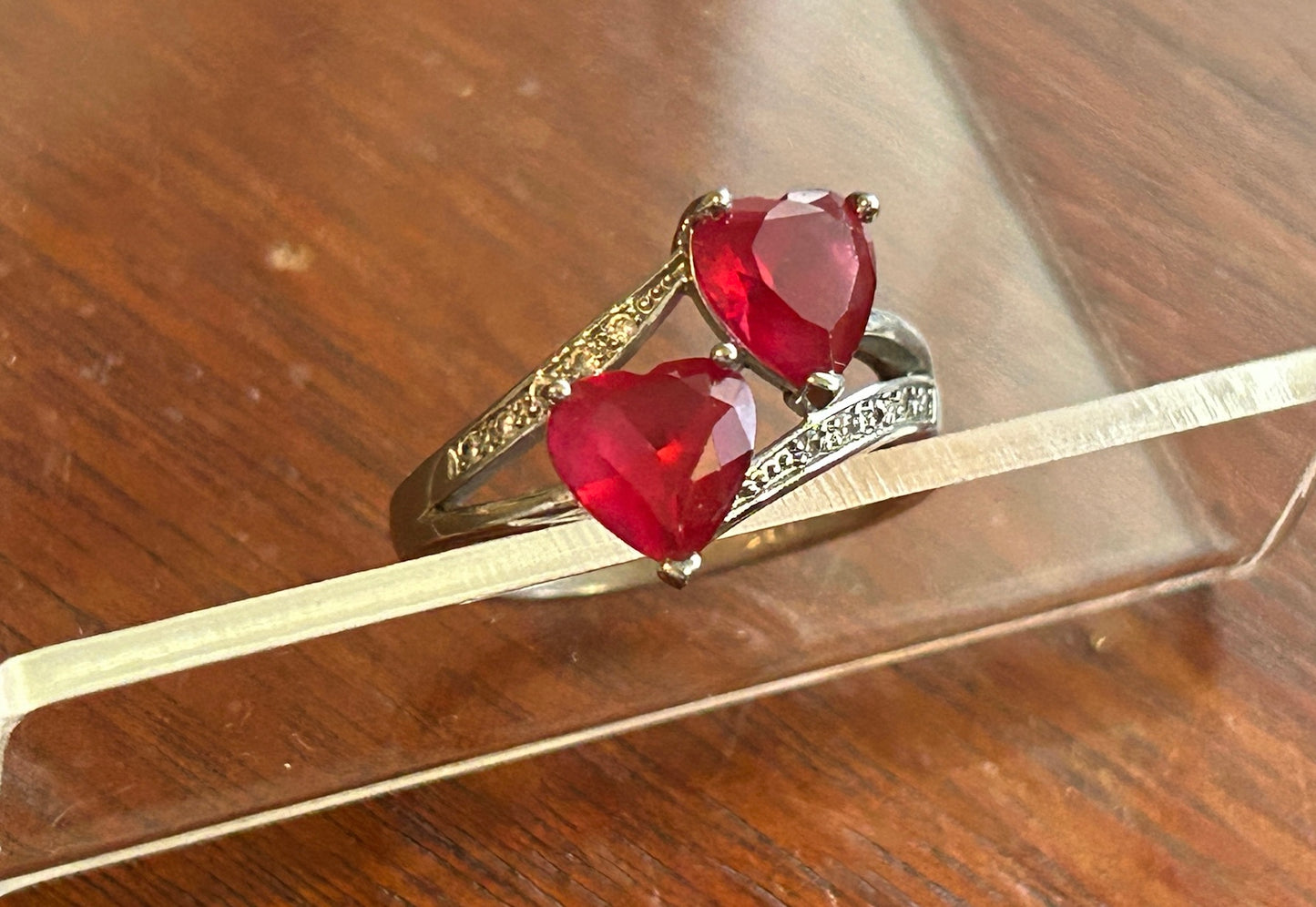 Sterling Silver 925 CZ Red Heart Bypass Style Ring Sz 6