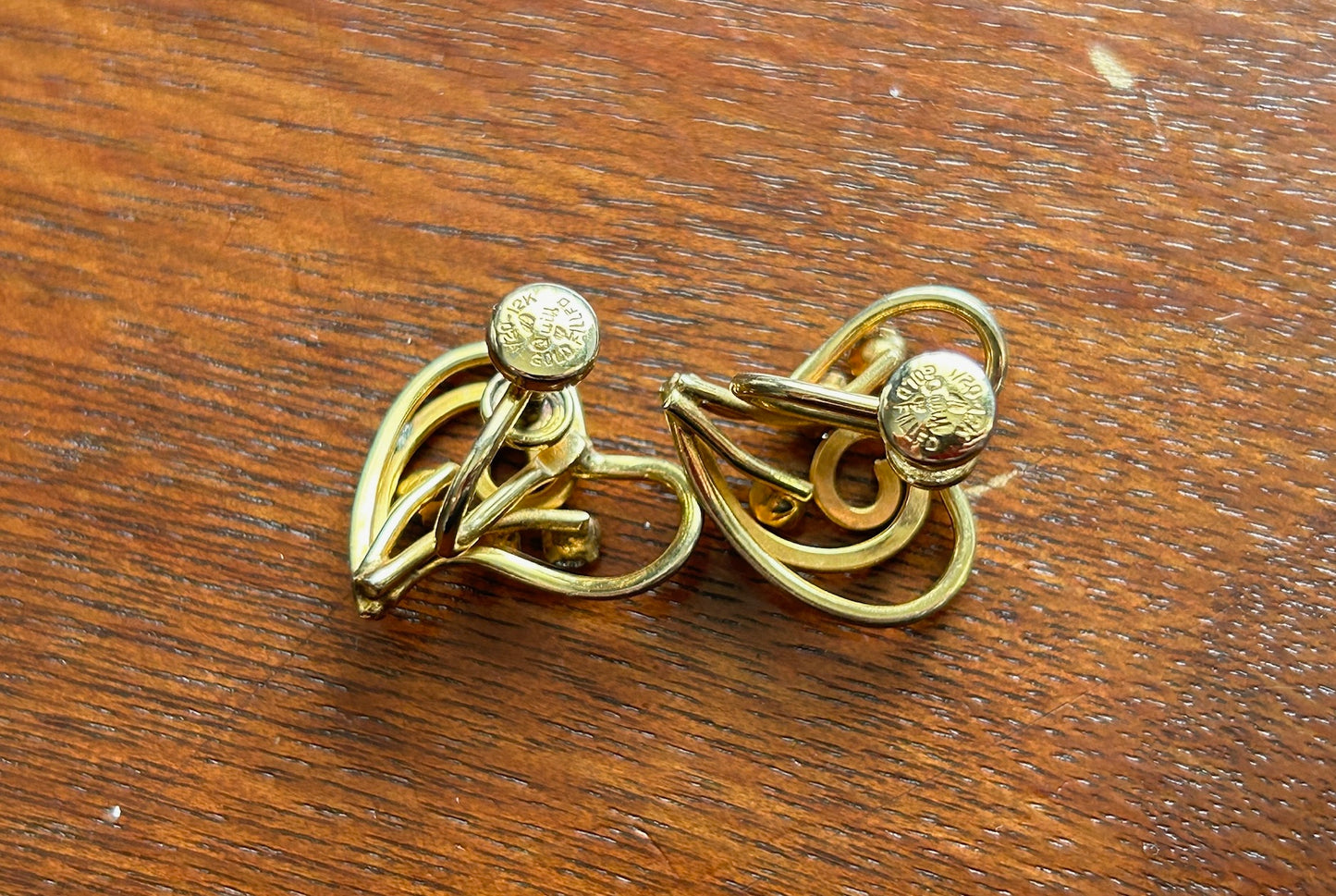 Vintage Antique Designer Quill 12k Yellow Gold Filled Rhinestone Heart Earrings