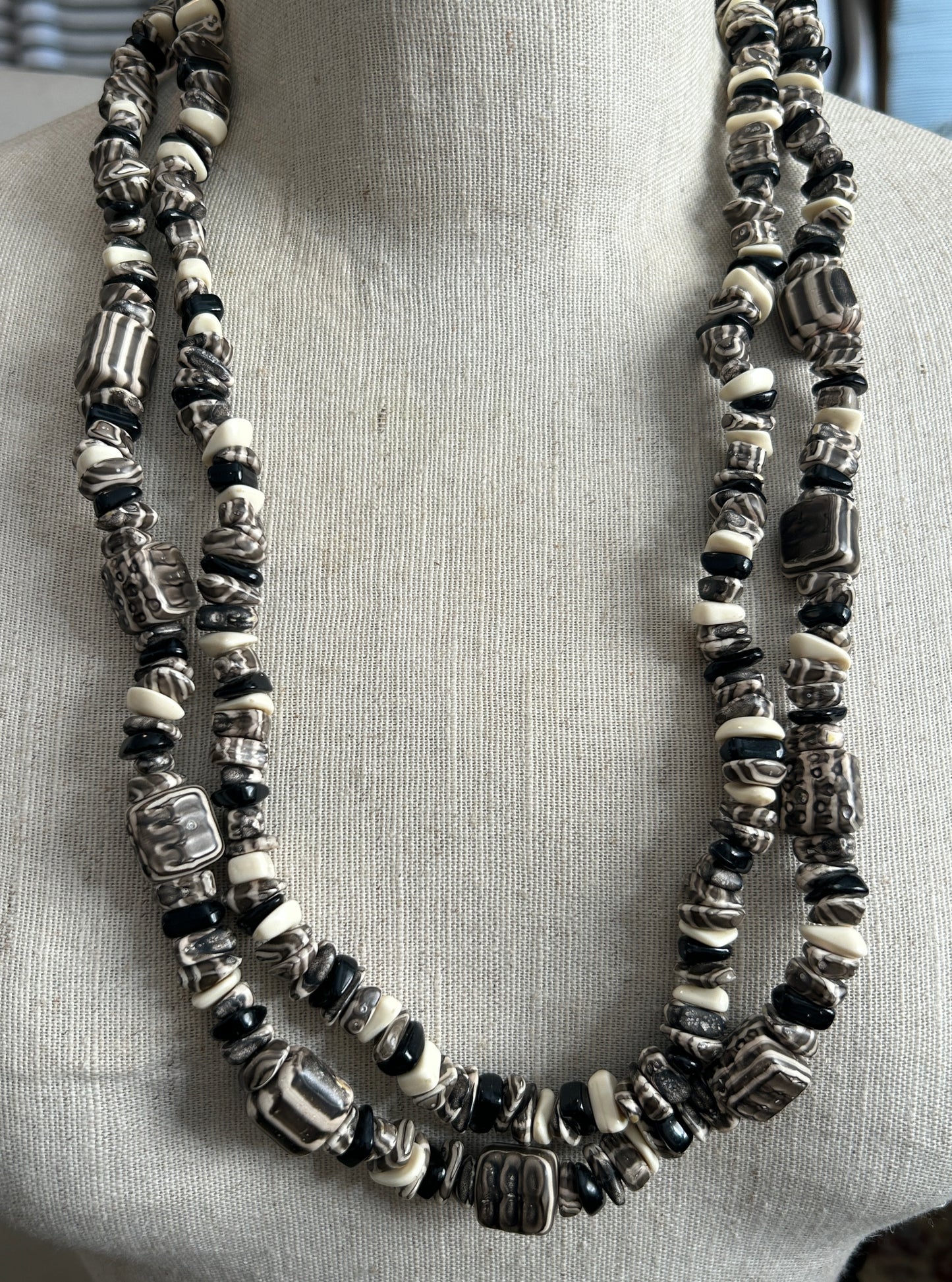 Vintage Black & White Tribal Art Beads Double Strand Necklace